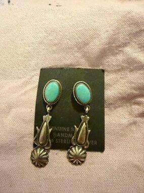 .925 Native American Navajo Turquoise Dangle Sterling Silver Earrings - Signed
